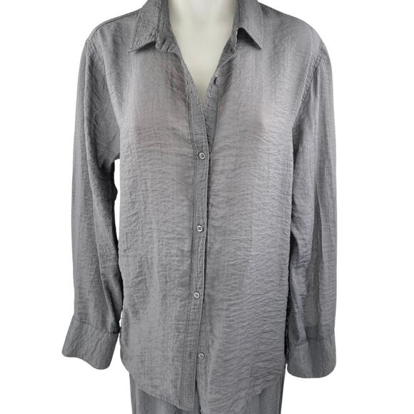 H&M Women's Gray Button Down Long Sleeve Shirt & Wide Leg Pants Matching Set S - Picture 3 of 5